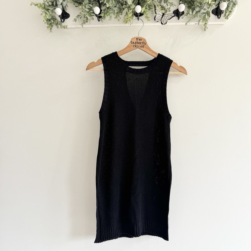 Theory Open Knit Side Slit Tunic Black Cotton Size Medium W5003